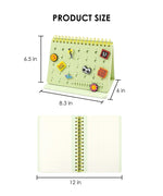 2-IN-1 POPIN Notebook shown with dimensions, green cover decorated with pins, and open spiral-bound layout pages