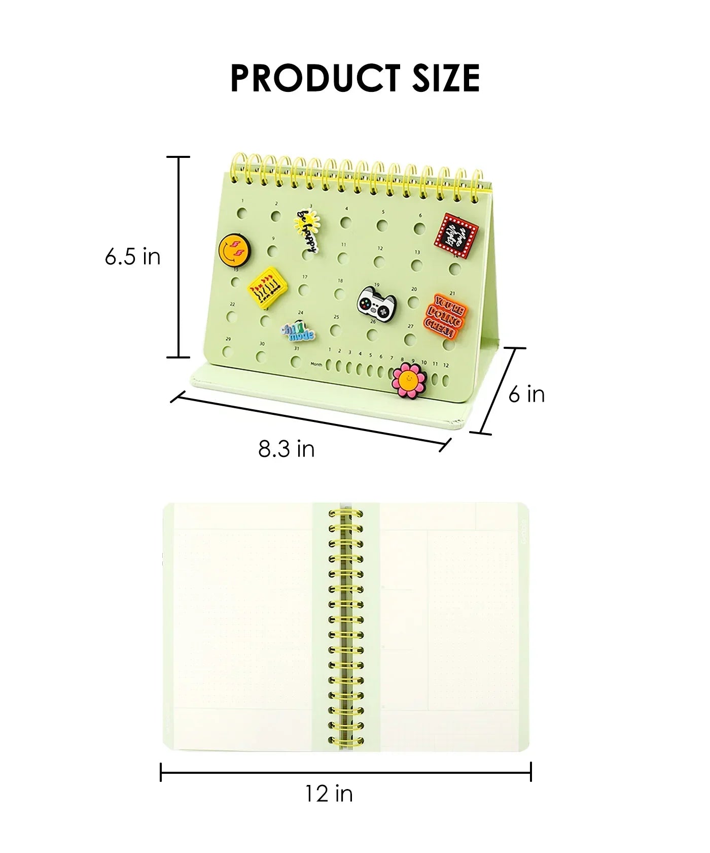 2-IN-1 POPIN Notebook shown with dimensions, green cover decorated with pins, and open spiral-bound layout pages