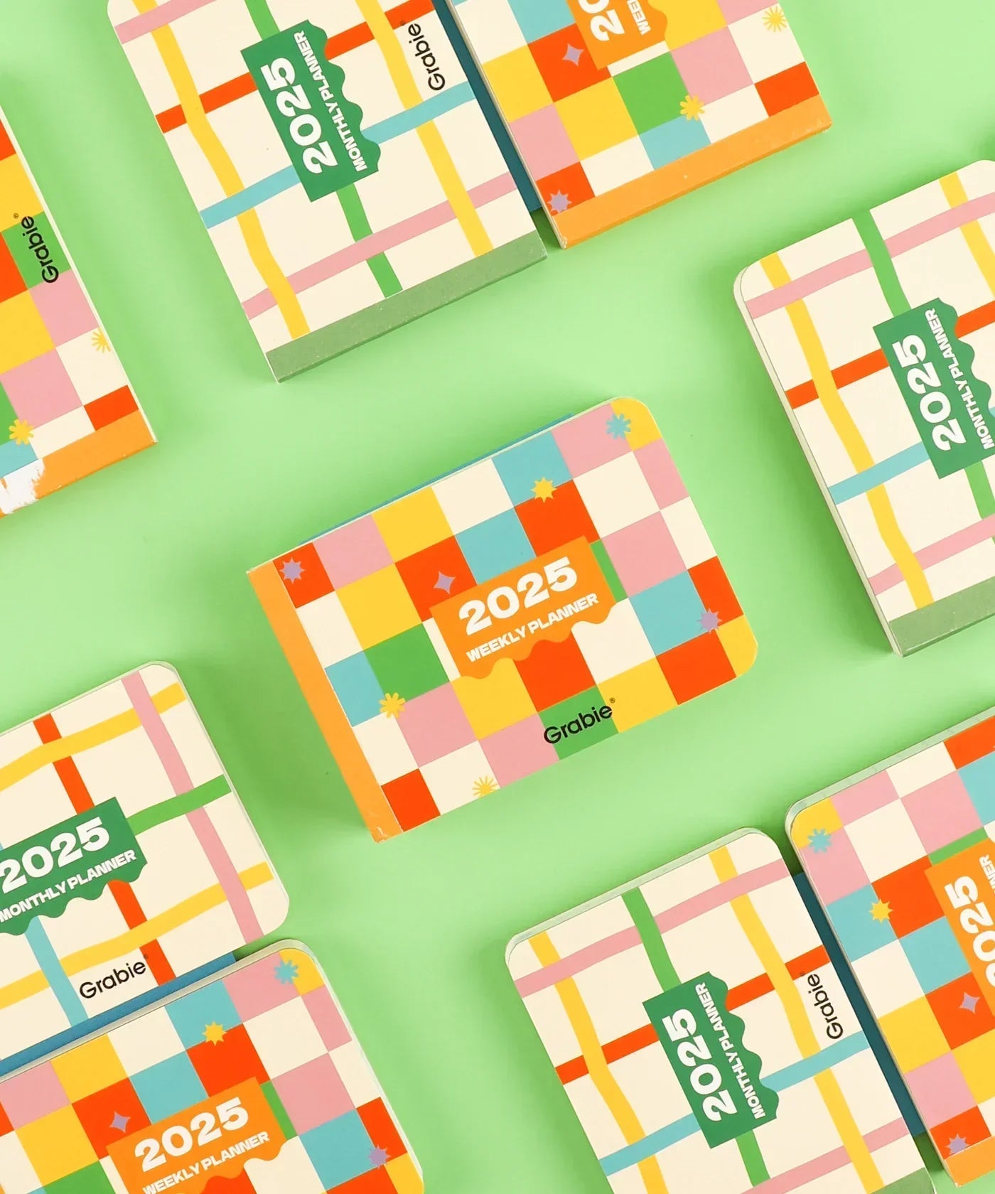 Colorful 2-IN-1 2025 Monthly & Weekly Planner with a bright checkered design on a light green background