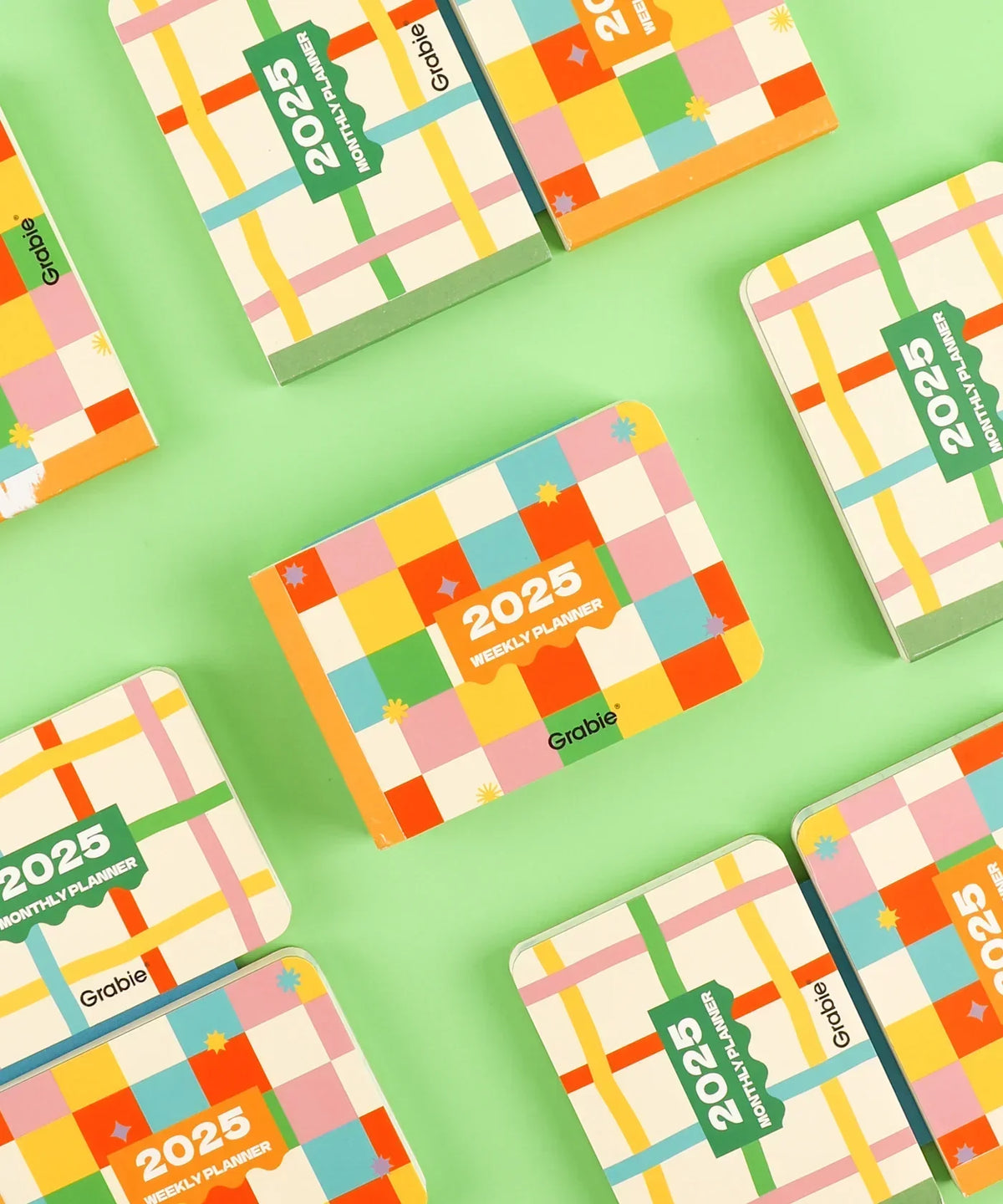 Colorful 2-IN-1 2025 Monthly & Weekly Planner with a bright checkered design on a light green background