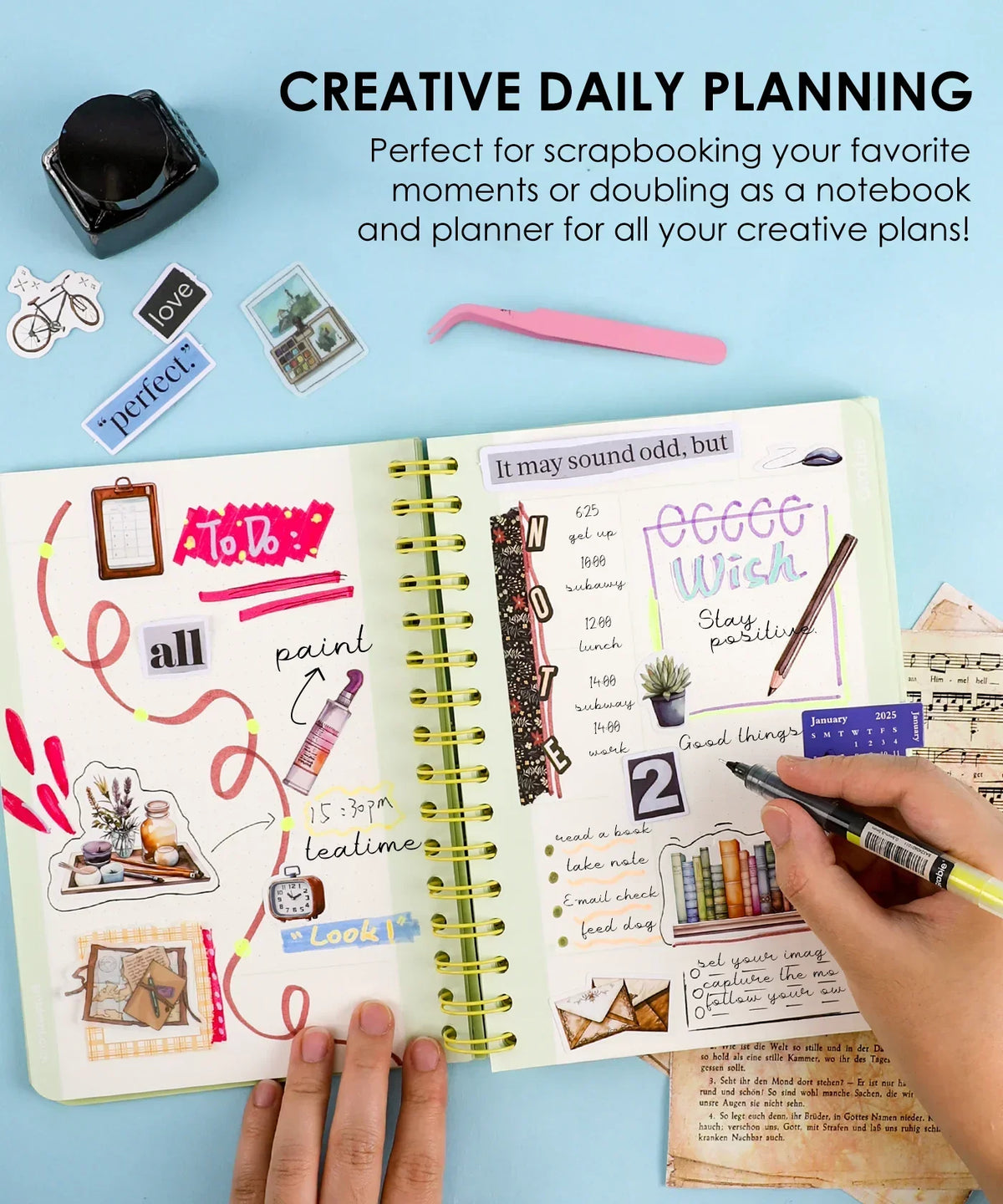 Person decorating scrapbook and planner pages in 2-IN-1 POPIN Notebook with markers and stickers