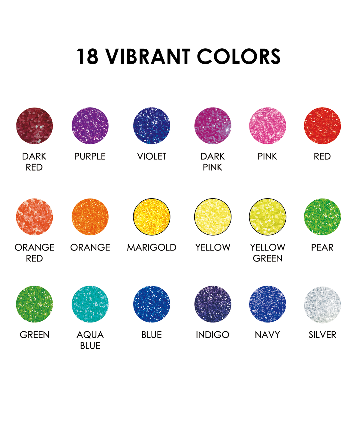 Swatch chart displaying all 18 vibrant color-shifting shades of Grabie x Peanuts glitter pens.