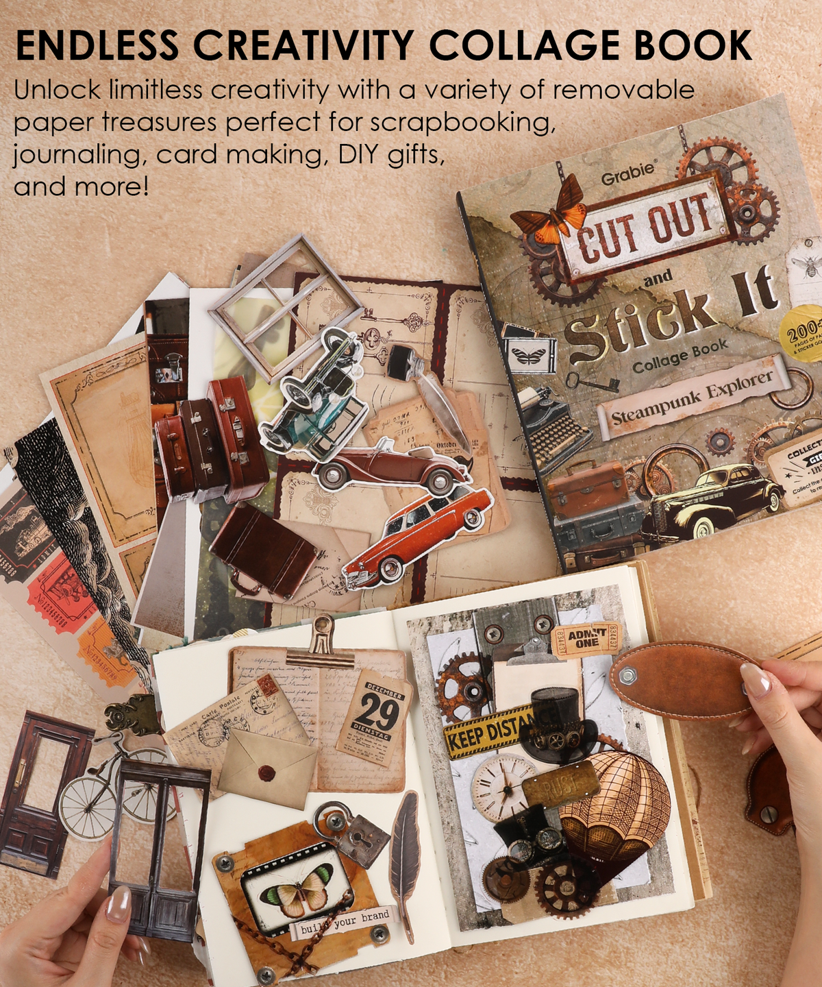 200+ Pages Steampunk Explorer Collage Activity Book with vintage cutouts for scrapbooking and creative projects