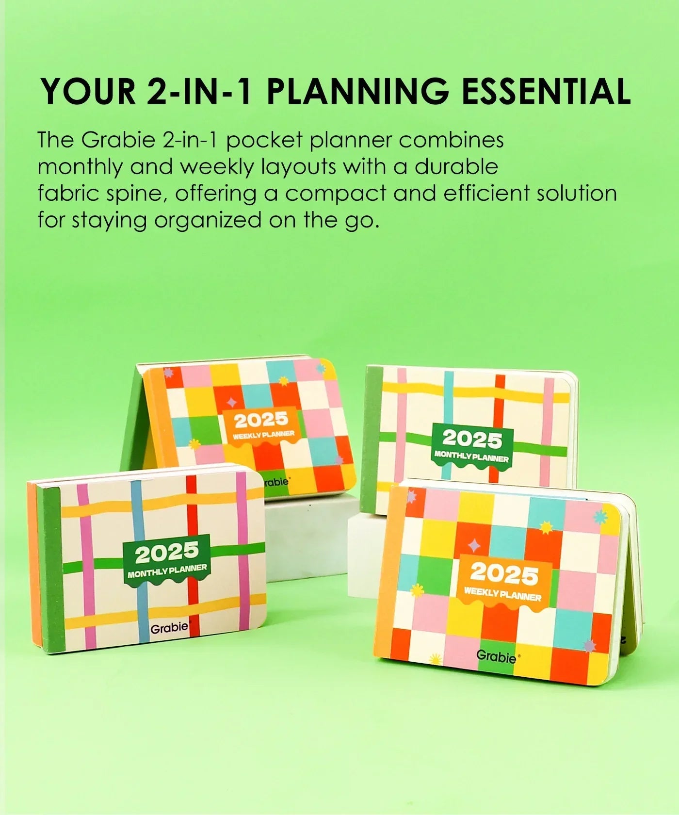 Four colorful 2-IN-1 2025 Monthly & Weekly Planner books with fabric spines on a green background