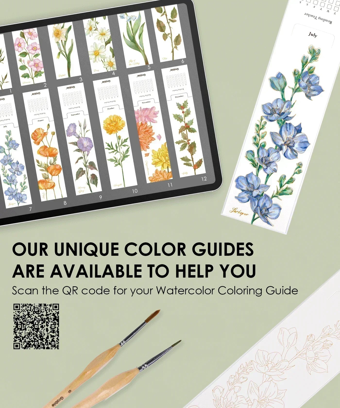 The Watercolor Beginner‘s Bundle showing floral color guides, painting brushes, and a QR code for watercolor coloring guide assistance