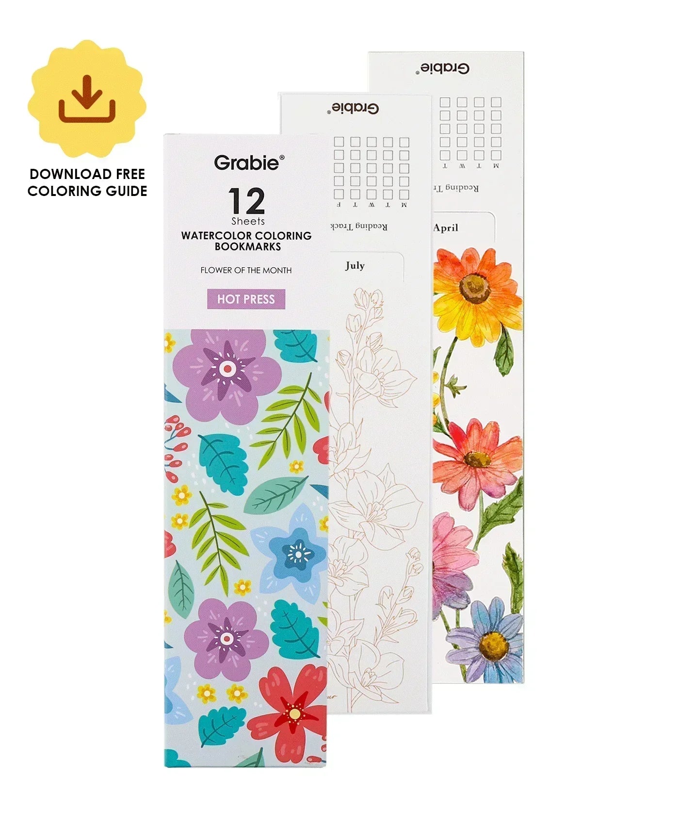Watercolor floral bookmarks set shown with download free coloring guide in The Watercolor Beginner‘s Bundle