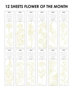Set of 12 floral calendar bookmarks featuring delicate gold line art for each month in The Watercolor Beginner‘s Bundle.