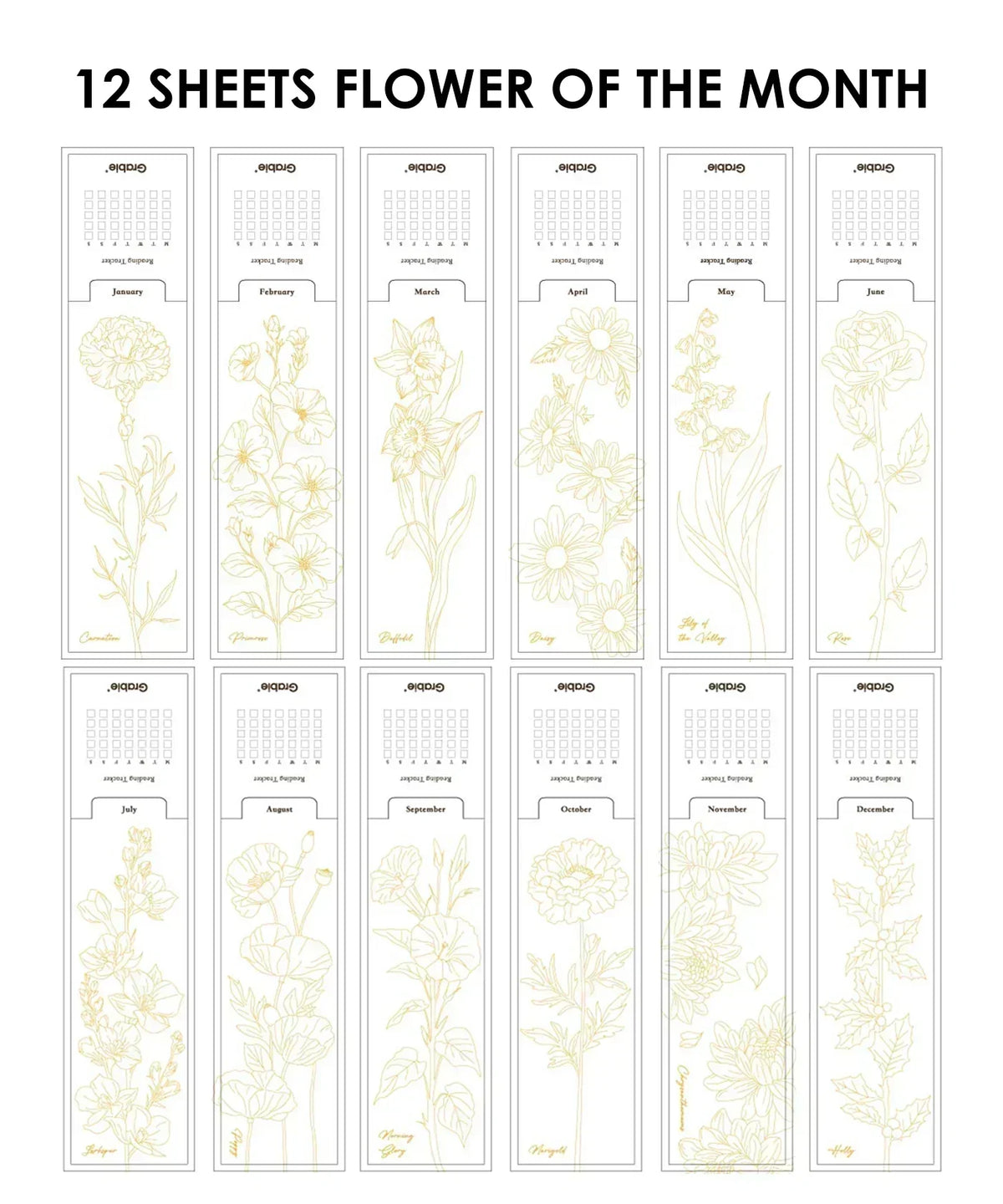 Set of 12 floral calendar bookmarks featuring delicate gold line art for each month in The Watercolor Beginner‘s Bundle.