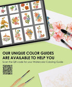 Floral-Themed Watercolor Coloring Club Box showing digital color guides and watercolor brushes painting pink flowers