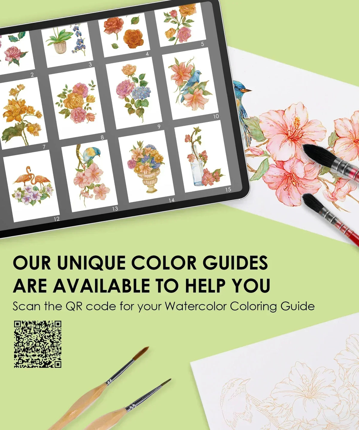Floral-Themed Watercolor Coloring Club Box showing digital color guides and watercolor brushes painting pink flowers