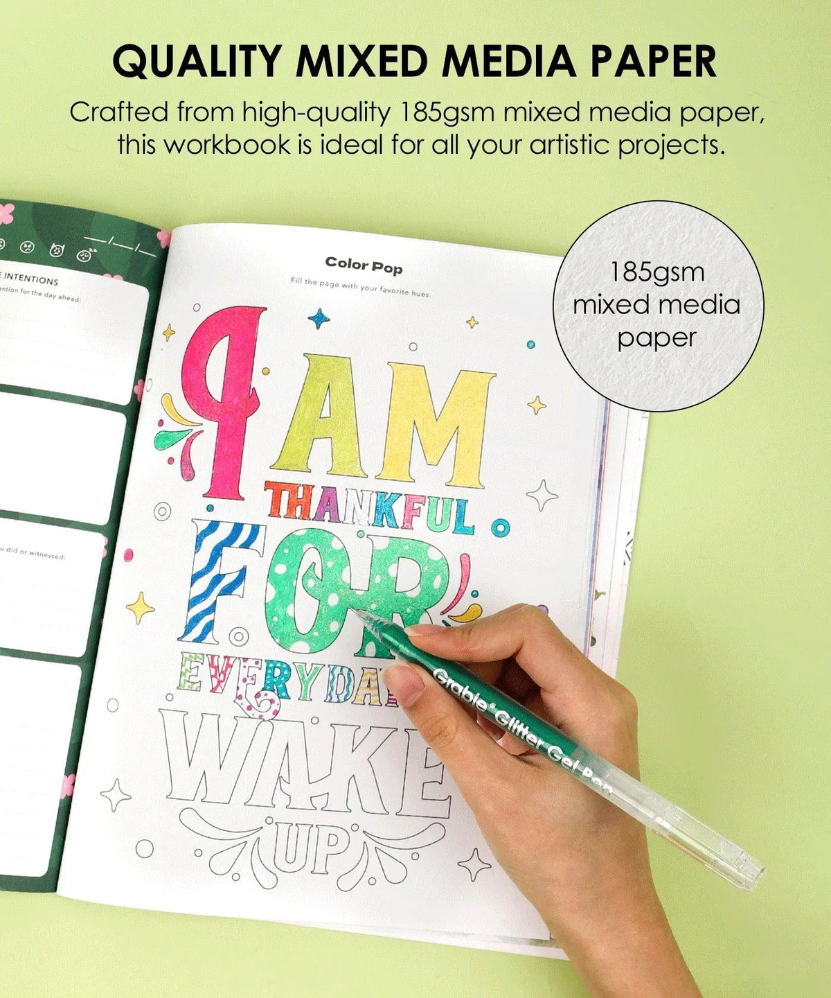 Affirm Your World 4-Week Workbook showing hand coloring vibrant lettering on quality mixed media paper.