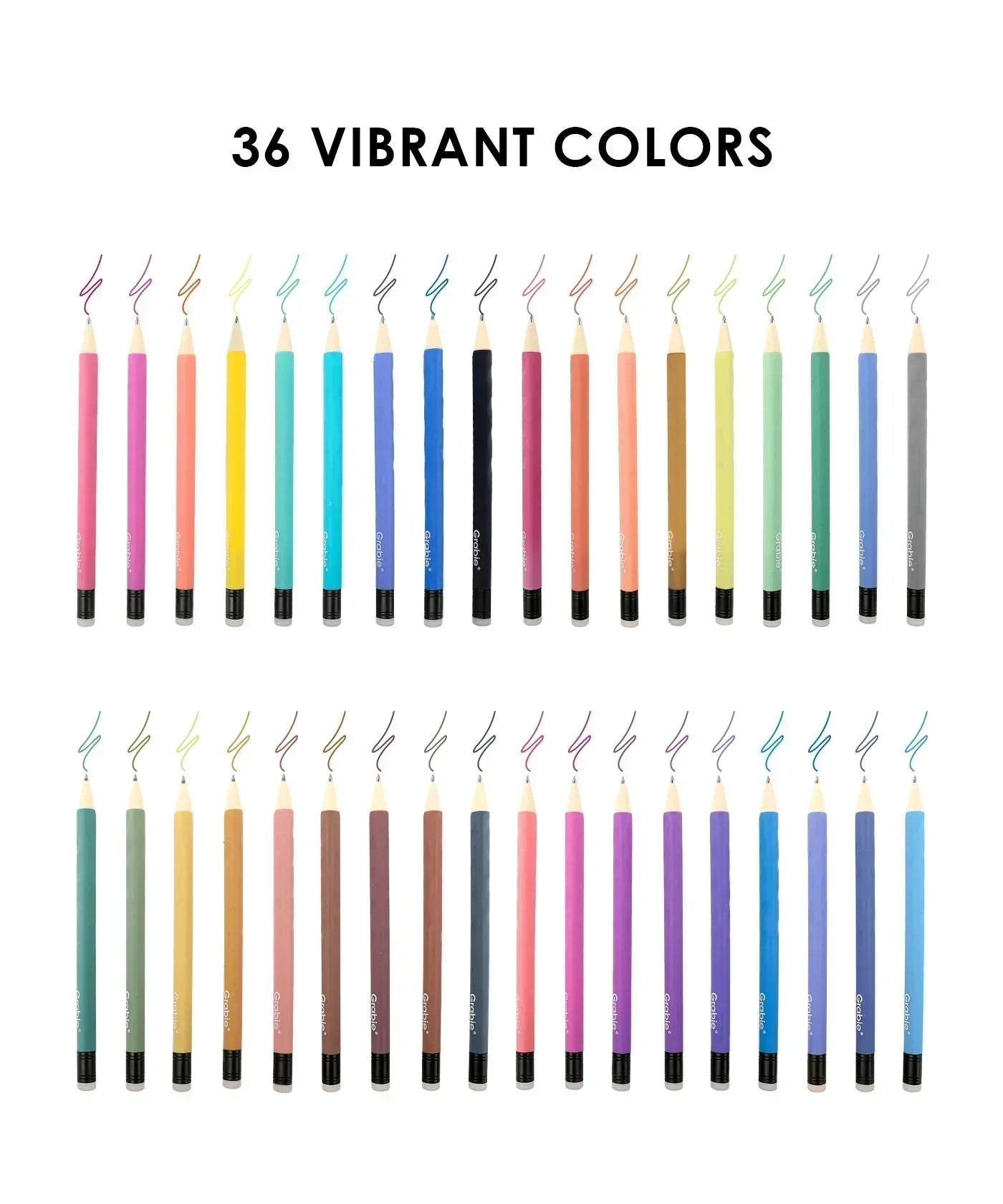 36 vibrant colored pencils arranged in two rows illustrating art supplies and creativity with Medium Point Erasable Gel Pen Set