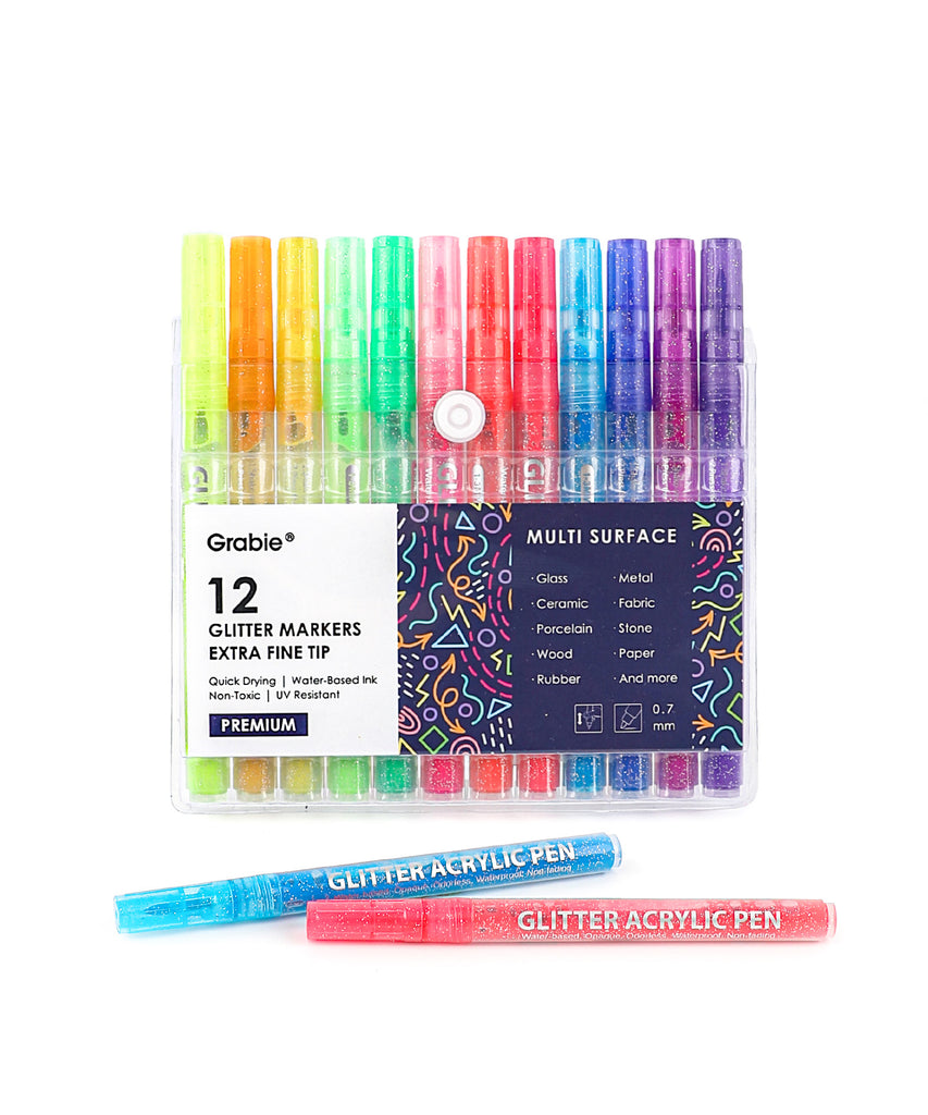 Iridescent Glitter Acrylic Paint Marker Set Of 12 - Grabie®