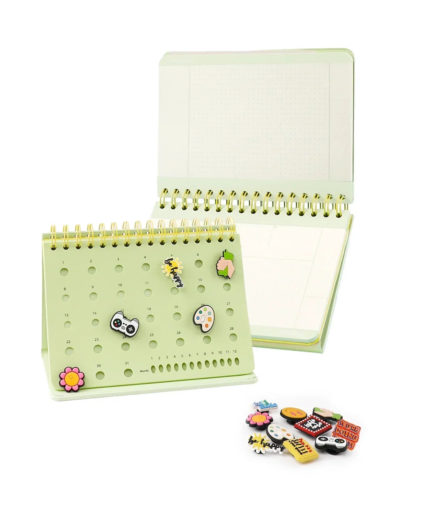 2-IN-1 POPIN Notebook in light green with spiral binding and decorative pins arranged on the cover and beside it