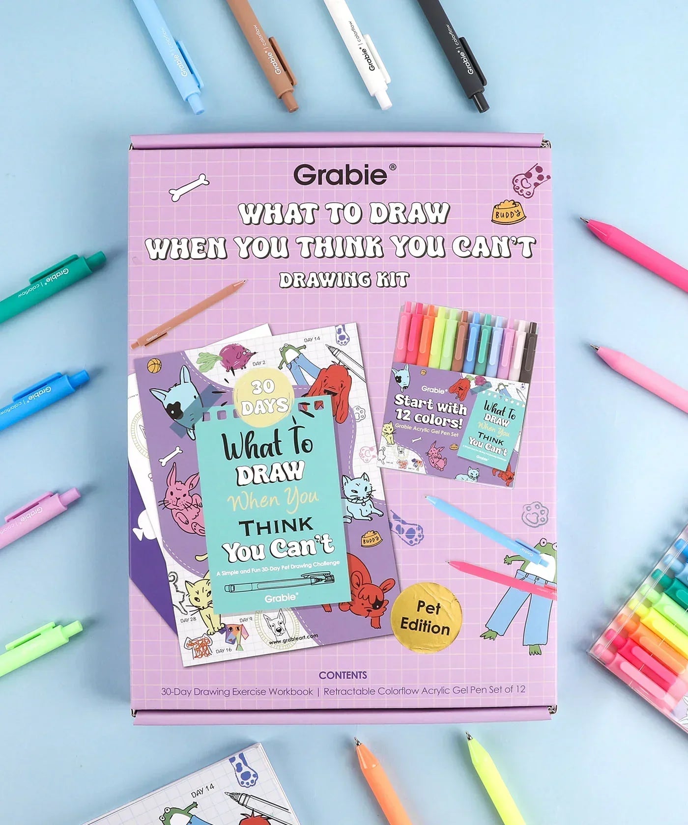 What To Draw: 30-Day Pet Drawing Kit with colorful pens and drawing workbook for pet-themed art supplies.