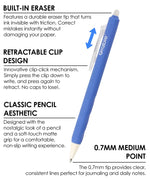 Blue Medium Point Erasable Gel Pen Set with built-in eraser, retractable clip design, and classic pencil aesthetic for smooth writing.