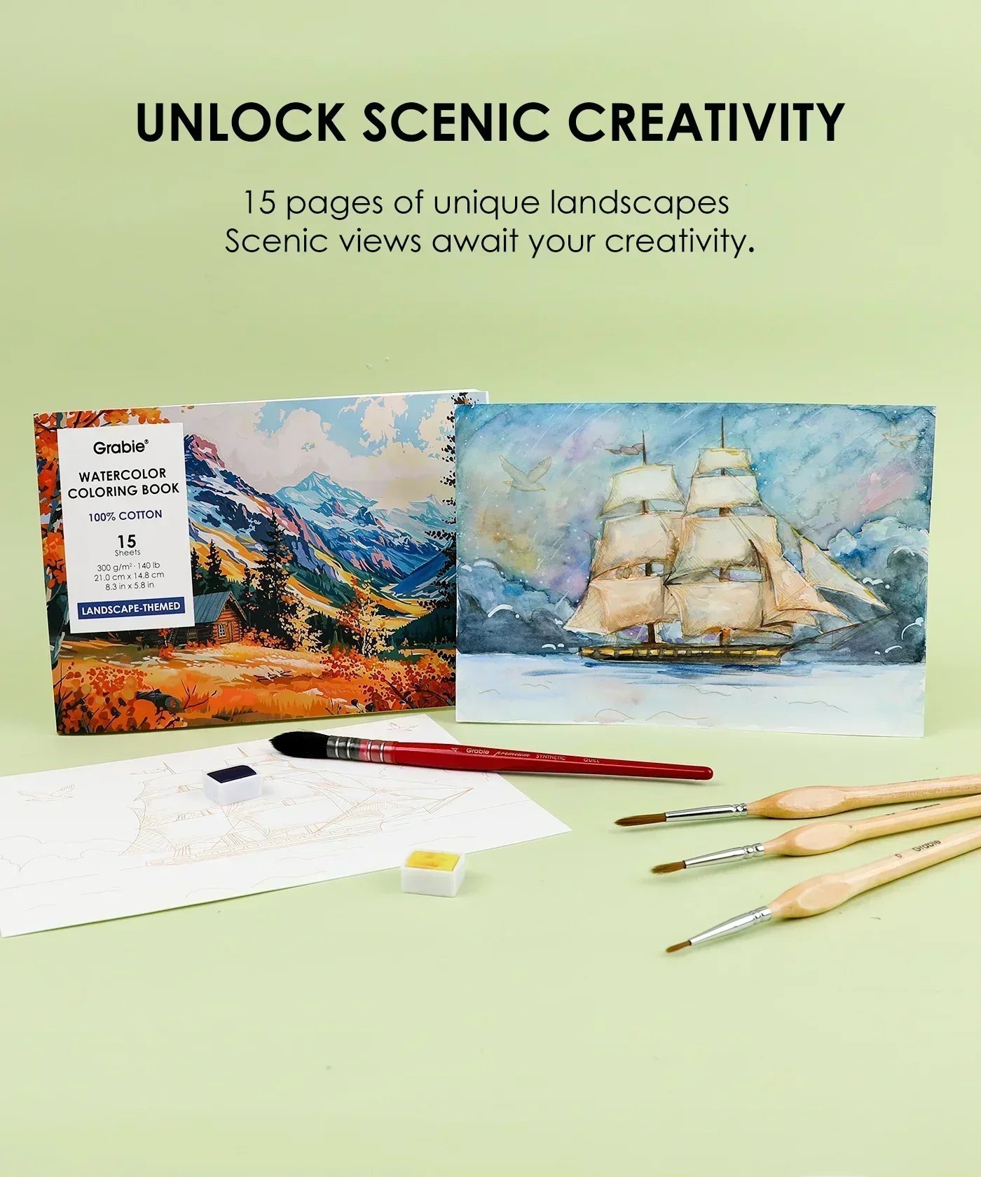 Landscape-Themed Watercolor Coloring Club Box with paintbrushes, paints, and a ship watercolor painting on a light background