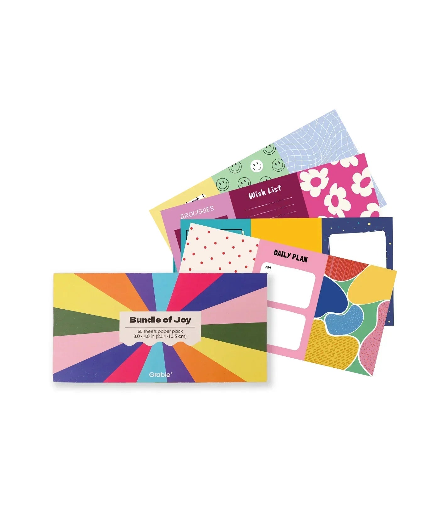 60 Sheets Grabie Exclusive Bundle Of Joy Desktop Notepad Jotter with colorful and patterned note pages displayed