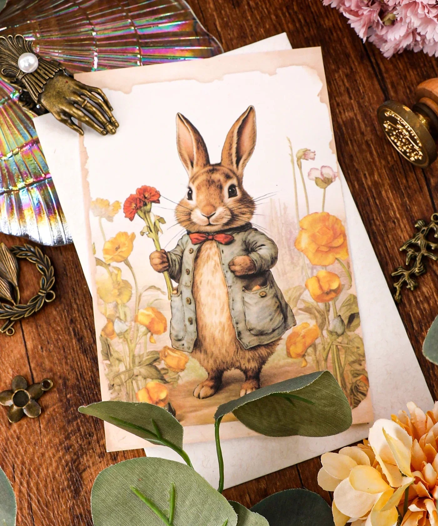 Grabie Exclusive 6 Pack Postcards With 6 Matching Envelopes featuring a charming rabbit in a jacket with flowers.