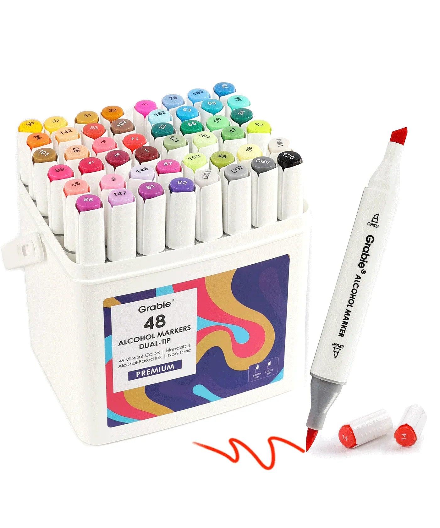 Dual-Tip Alcohol-Based Marker Set Of 48 With Coloring Book vivid art supply markers in assorted colors for creative projects.