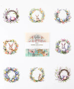 24 Pcs Grabie Exclusive Bunnies and Blooms Sticker Set featuring watercolor wreaths with bunnies and Easter eggs for scrapbooking
