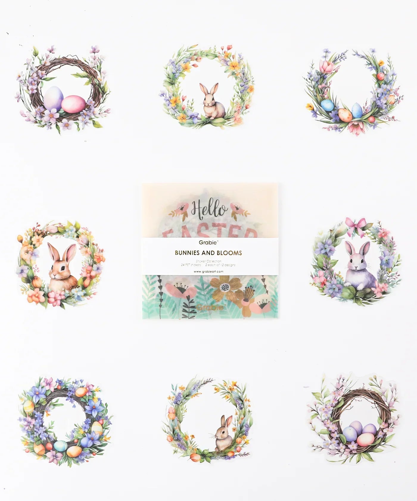 24 Pcs Grabie Exclusive Bunnies and Blooms Sticker Set featuring watercolor wreaths with bunnies and Easter eggs for scrapbooking