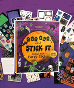 200+ Pages Halloween Party Night Collage Activity Book surrounded by spooky stickers and craft supplies on purple background