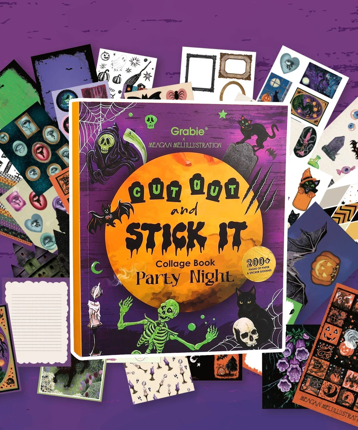 200+ Pages Halloween Party Night Collage Activity Book surrounded by spooky stickers and craft supplies on purple background