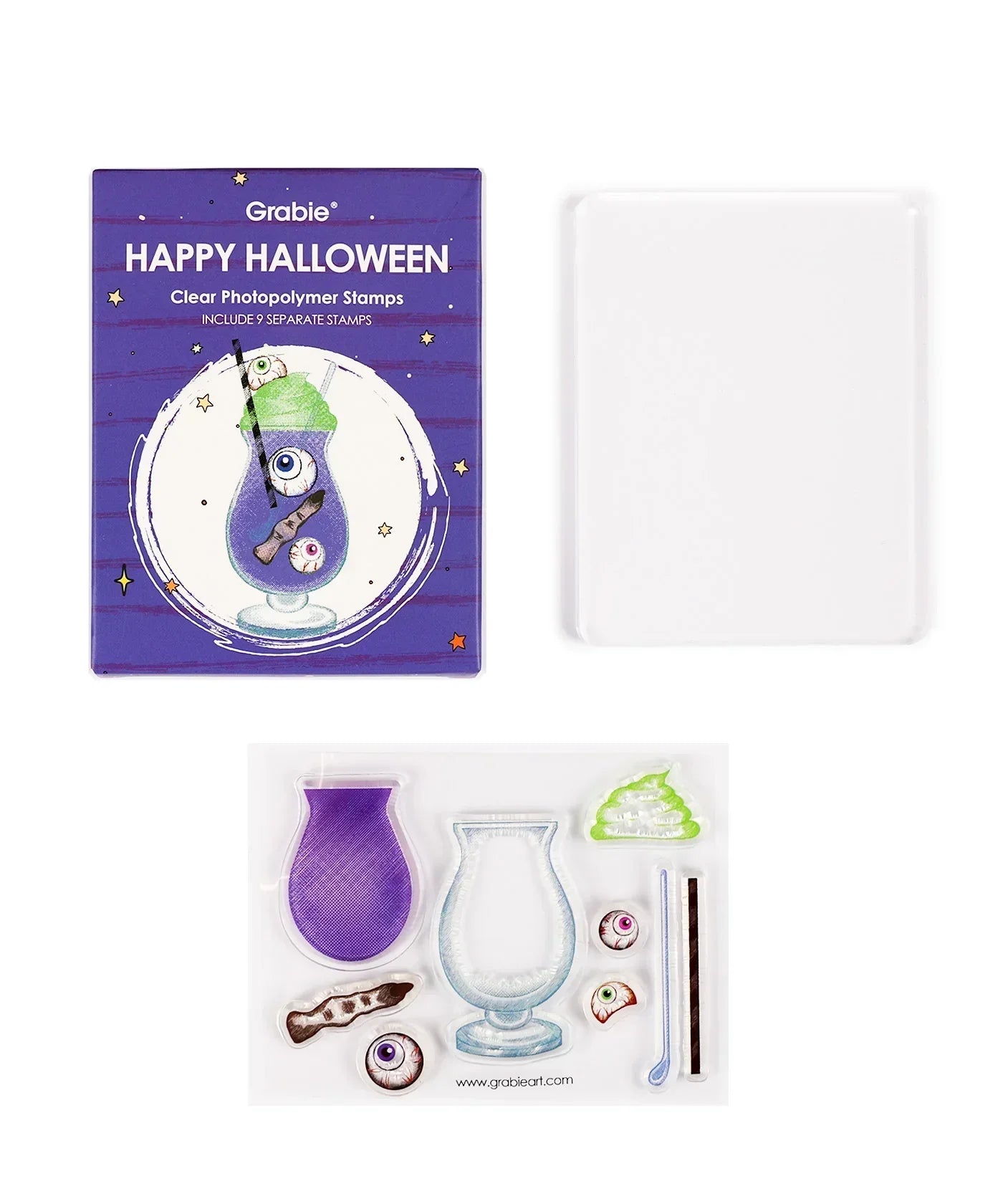 Happy Halloween Clear Photopolymer Stamps set with spooky cocktail and eyeball designs for scrapbook and art supplies.