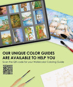 Landscape-Themed Watercolor Coloring Club Box showing digital color guides, watercolor painting of a ship, and brushes on a green background