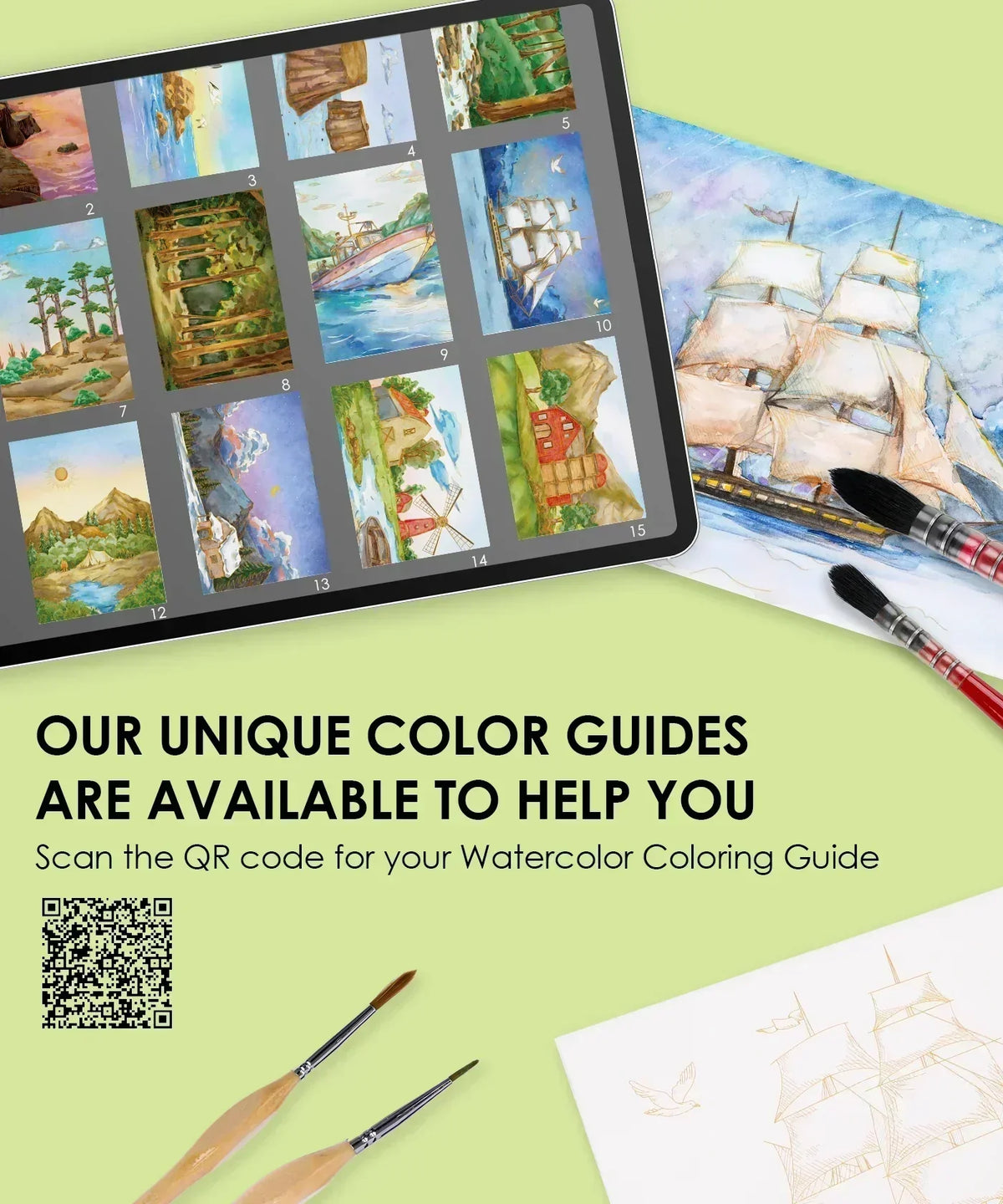 Landscape-Themed Watercolor Coloring Club Box showing digital color guides, watercolor painting of a ship, and brushes on a green background