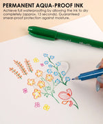 AquaFlex Sign Brush Pen Set of 12 showing colorful floral artwork and waterproof ink demonstration on paper.