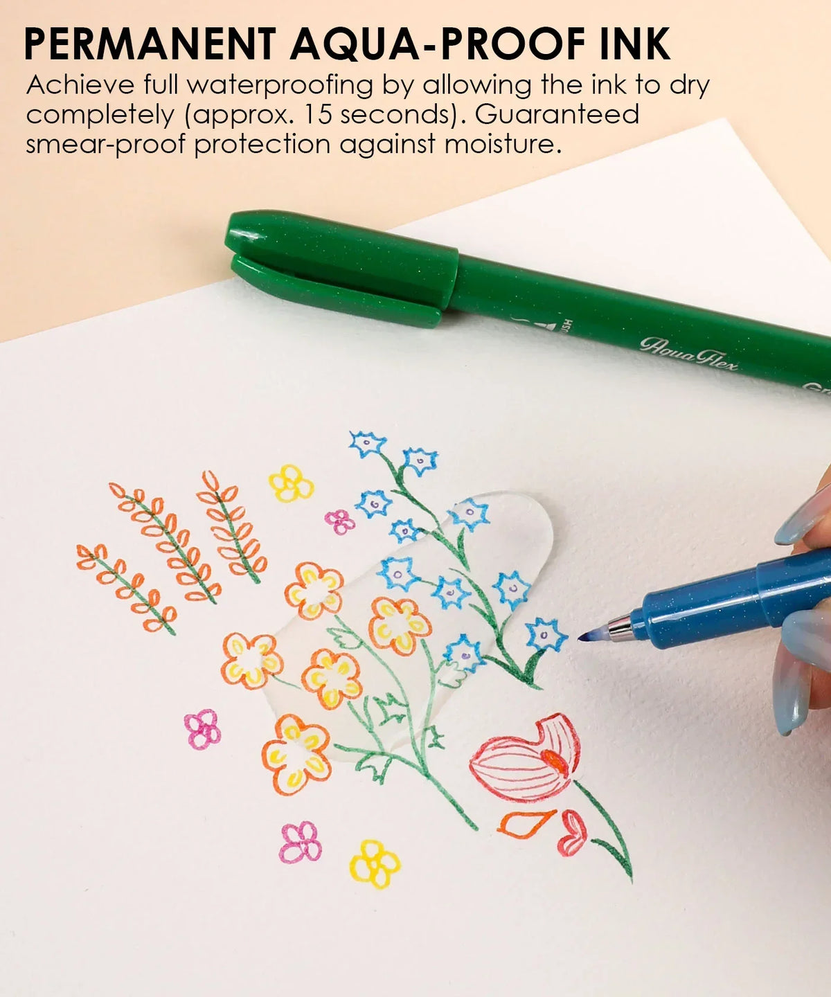AquaFlex Sign Brush Pen Set of 12 showing colorful floral artwork and waterproof ink demonstration on paper.