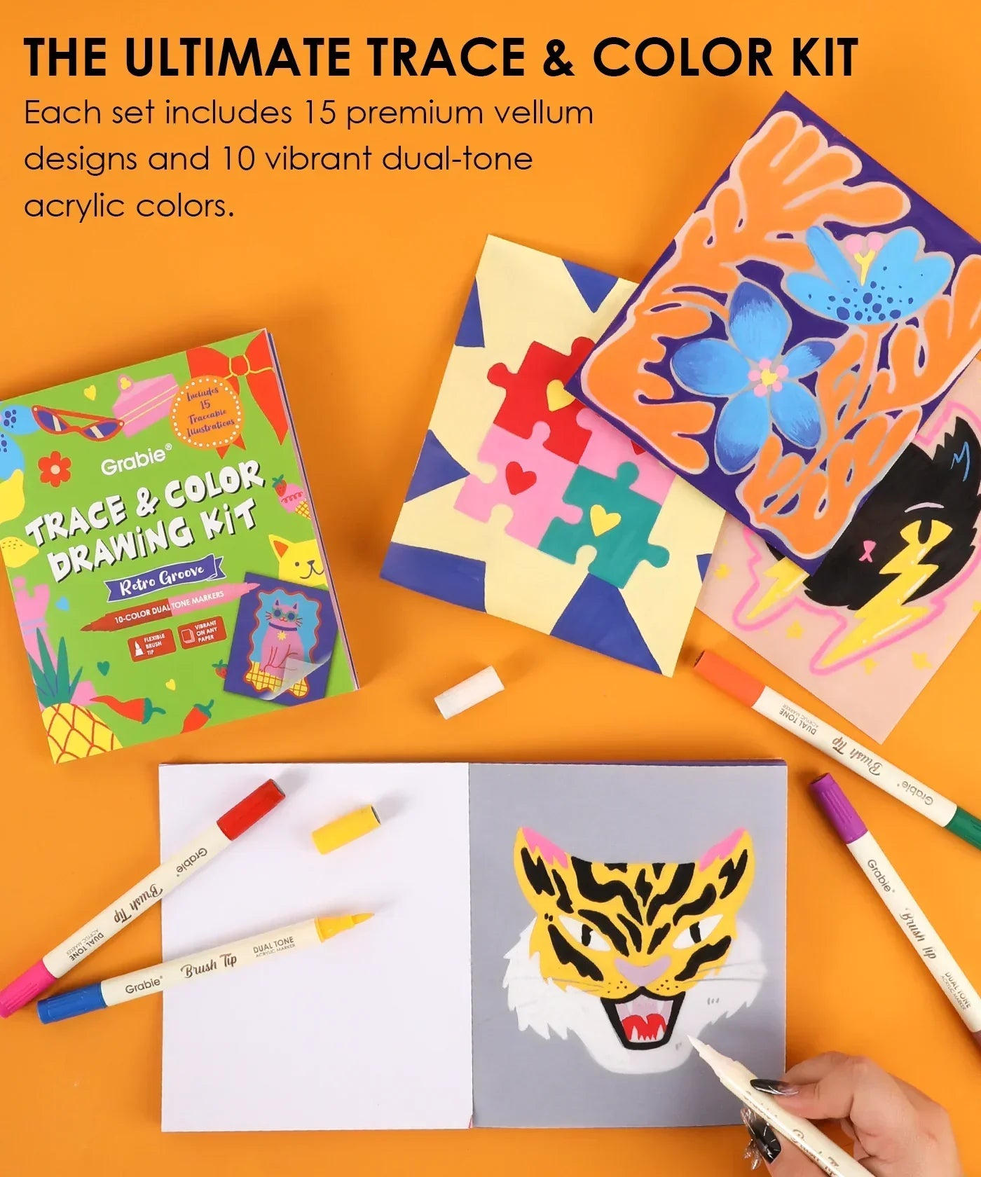 Trace & Color Drawing Kit with markers, vellum designs, and acrylic colors for creative art and coloring projects