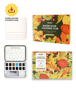 Art supplies set featuring Autumn-Themed Watercolor Coloring Club Box with paints, brush, and free guide.