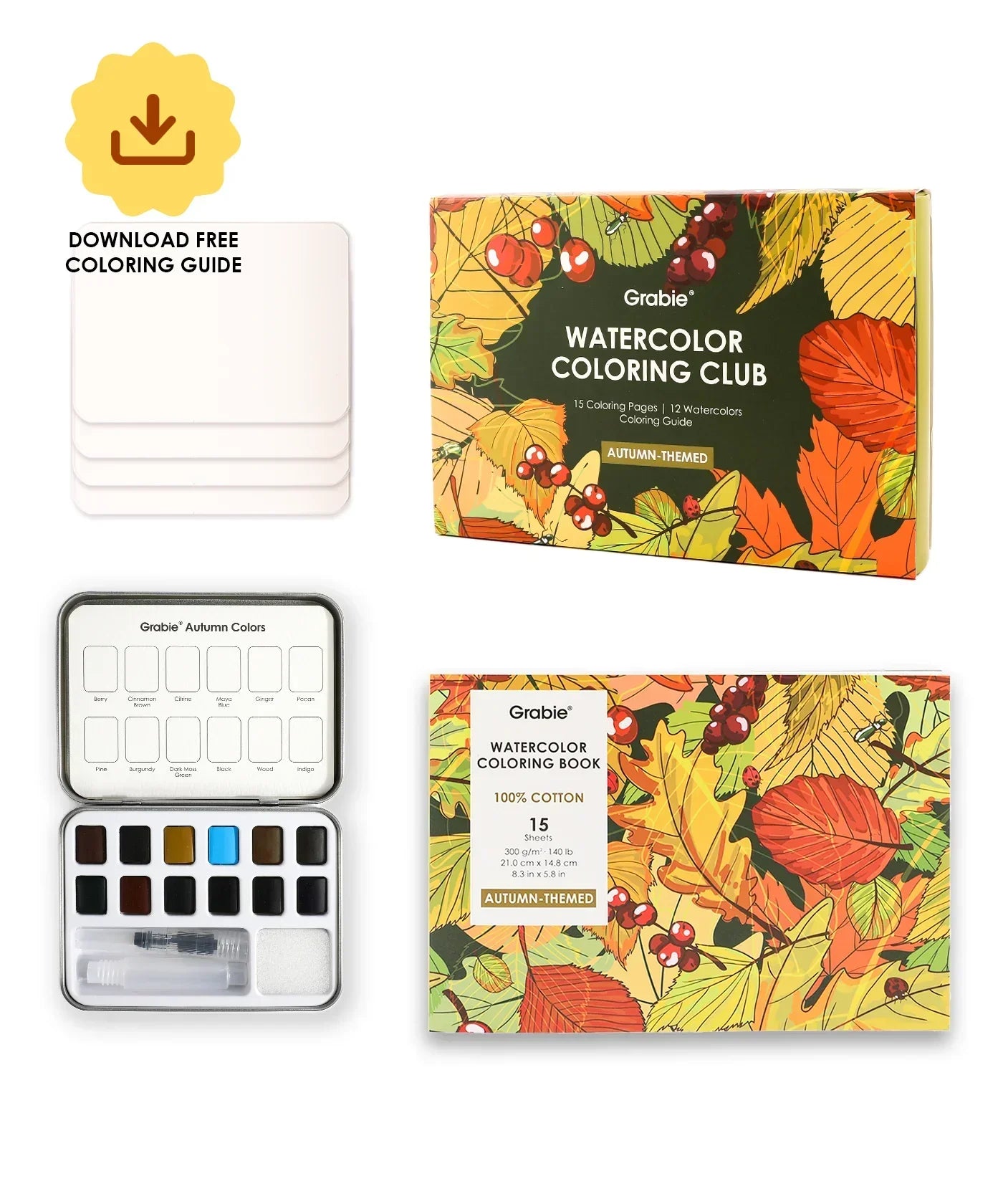 Art supplies set featuring Autumn-Themed Watercolor Coloring Club Box with paints, brush, and free guide.