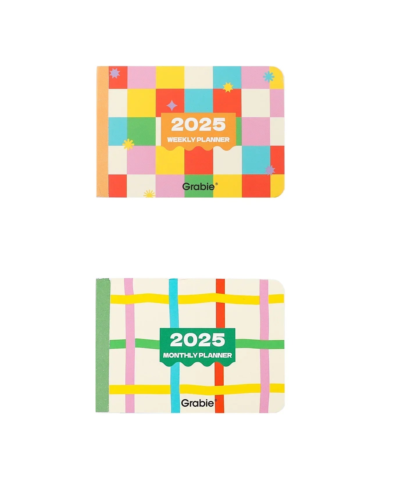 Colorful 2-IN-1 2025 Monthly & Weekly Planner set with geometric and striped cover designs by Grabie