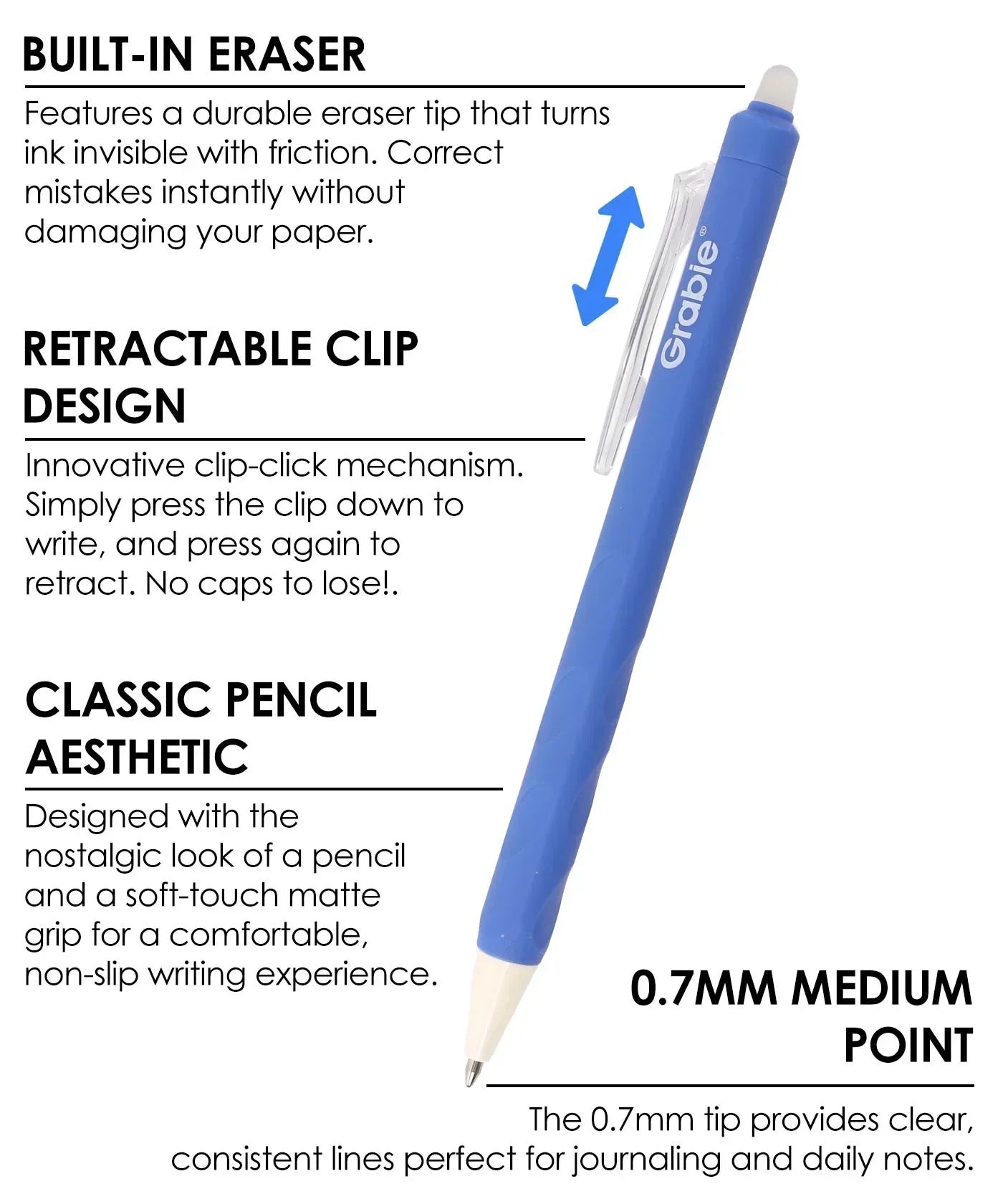 Blue Medium Point Erasable Gel Pen Set with built-in eraser, retractable clip, and 0.7mm medium point tip for smooth writing