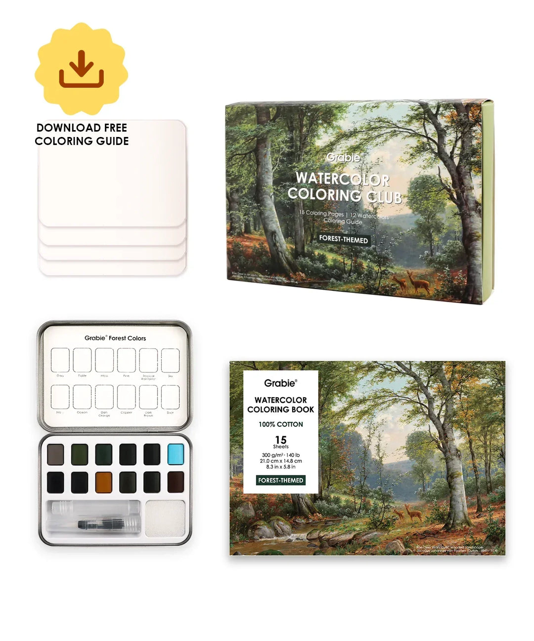 Forest-Themed Watercolor Coloring Club Box with forest color palette, coloring book, and downloadable guide for art supplies enthusiasts