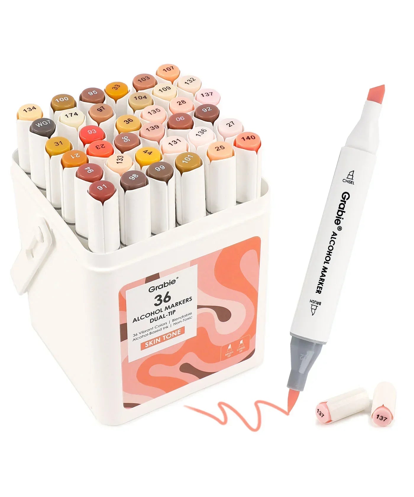 Dual-Tip Skin Tone Alcohol-Based Marker Set of 36 with various shades displayed, one marker uncapped showing brush tip and swatch.