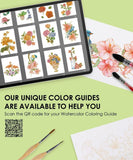 Floral-Themed Watercolor Coloring Club Box showing digital color guides and watercolor brushes painting pink flowers