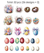52 Pcs Grabie Exclusive Hoppy Easter Sticker Set featuring colorful Easter eggs, nests, baskets, and floral designs