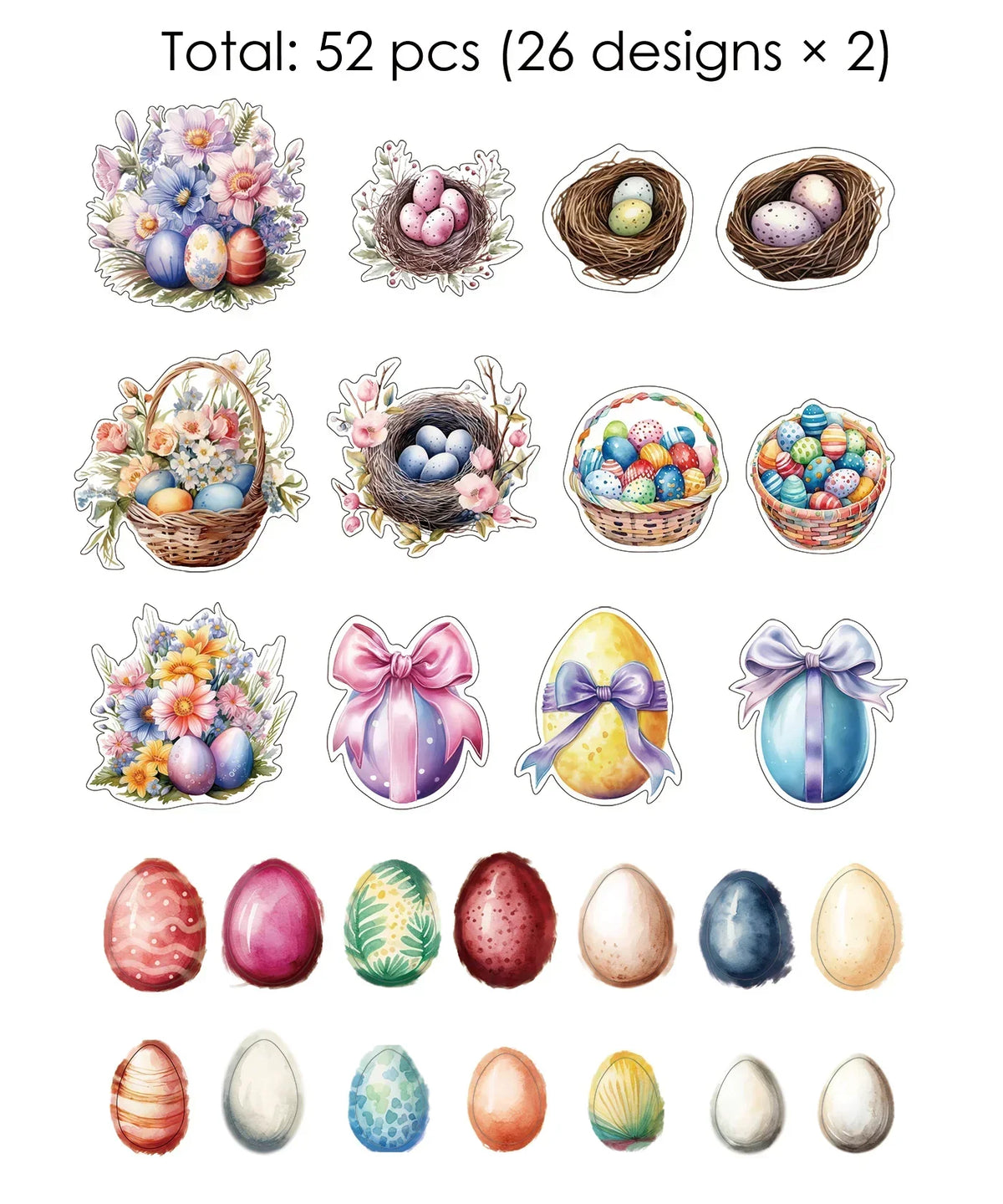 52 Pcs Grabie Exclusive Hoppy Easter Sticker Set featuring colorful Easter eggs, nests, baskets, and floral designs