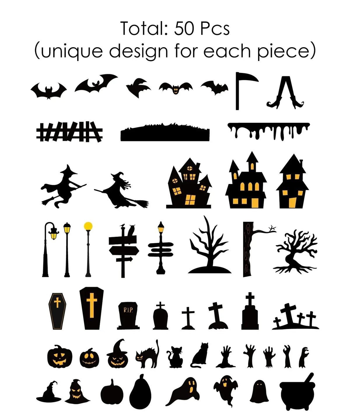 50 Pcs Grabie Exclusive Such a Fright Sticker Set featuring Halloween bats, witches, haunted houses, graves, pumpkins, and spooky trees.