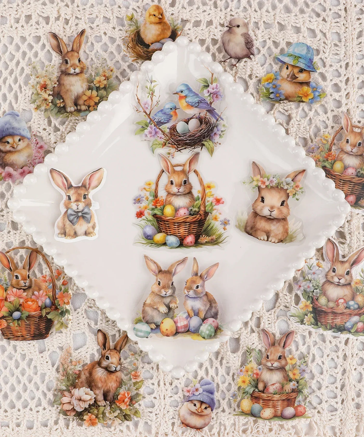 60 Pcs Grabie Exclusive The Magic Of Easter Sticker Set featuring watercolor bunnies, chicks, eggs, and flowers on a lace background
