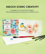 Floral-Themed Watercolor Coloring Club Box with floral designs, paintbrushes, watercolor palette, and bird illustration