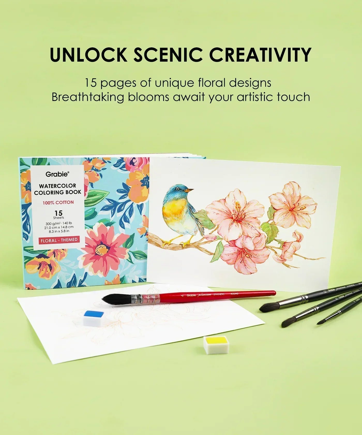 Floral-Themed Watercolor Coloring Club Box with floral designs, paintbrushes, watercolor palette, and bird illustration