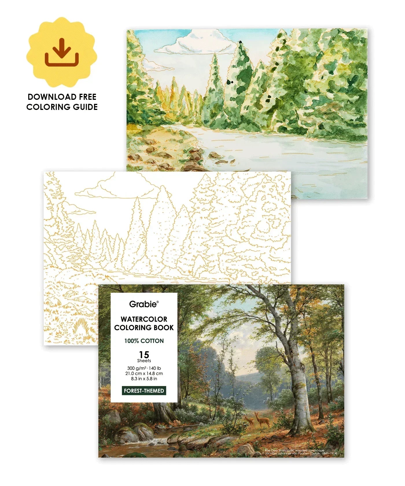 15 Sheets 140LB Forest-Themed Watercolor Coloring Book with detailed forest scenes and free coloring guide download icon