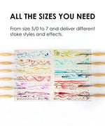 11 Pcs Miniature Detail Paint Brush Set With Natural Wood Handle showing various stroke styles and sizes from 5/0 to 7.