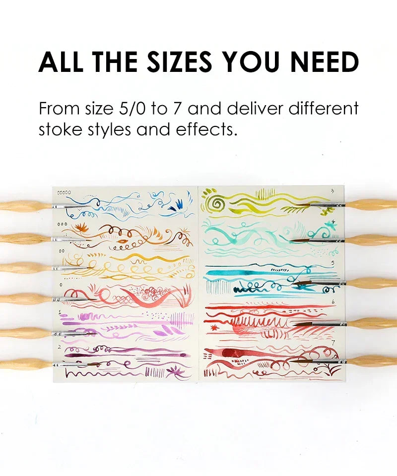 11 Pcs Miniature Detail Paint Brush Set With Natural Wood Handle showing various stroke styles and sizes from 5/0 to 7.